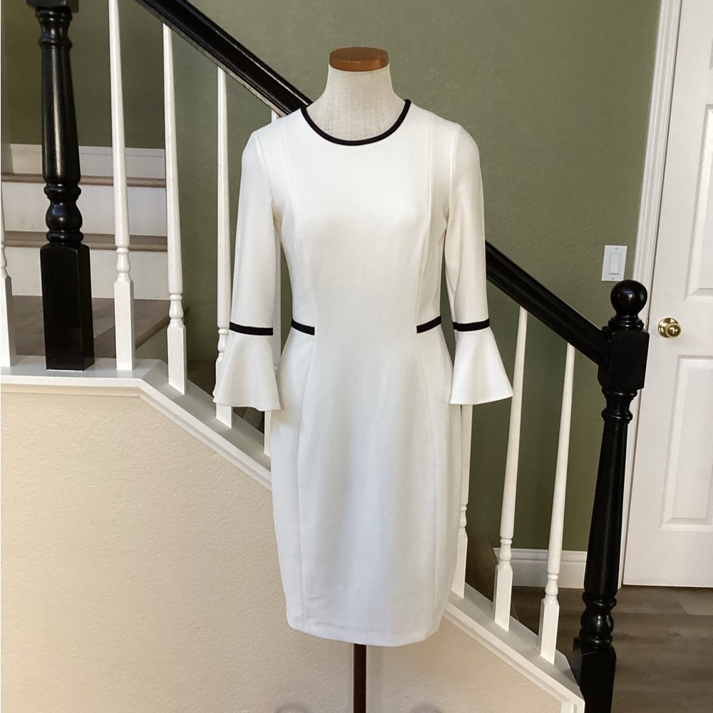 Calvin Klein Elegant White Dress with Black Accents